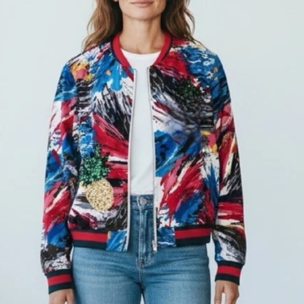 MANGO Womens Multicolor Embroidered Bomber Jacket Size Medium